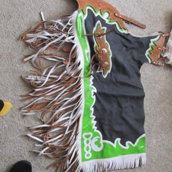 Brown Tooled Leather Cowboy Chaps Fringe Leather Chaps Western Rodeo Chaps Black - Picture 3 of 6